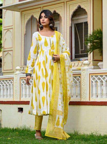 White and yellow leaf print anarkali suit set