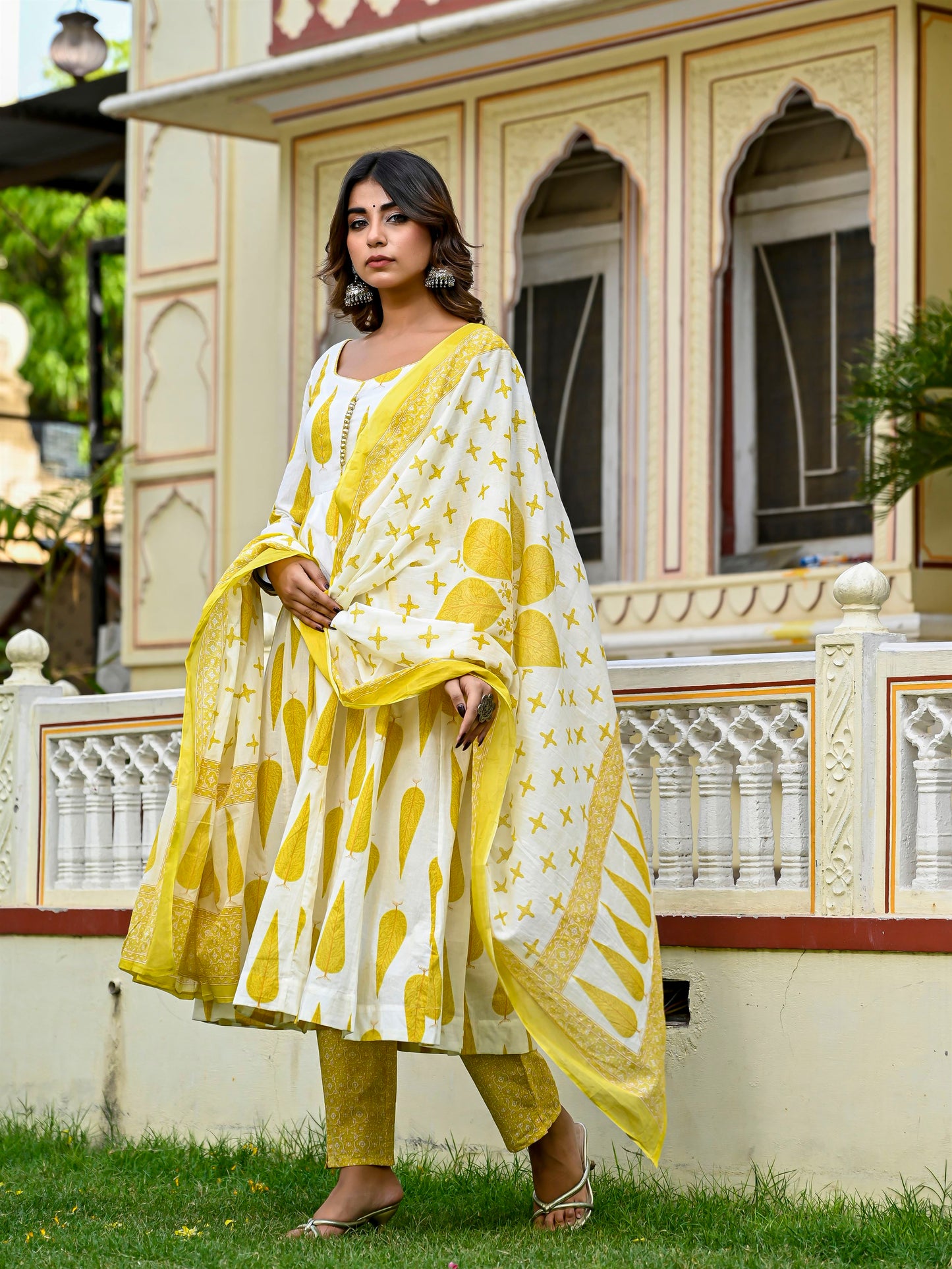 White and yellow leaf print anarkali suit set