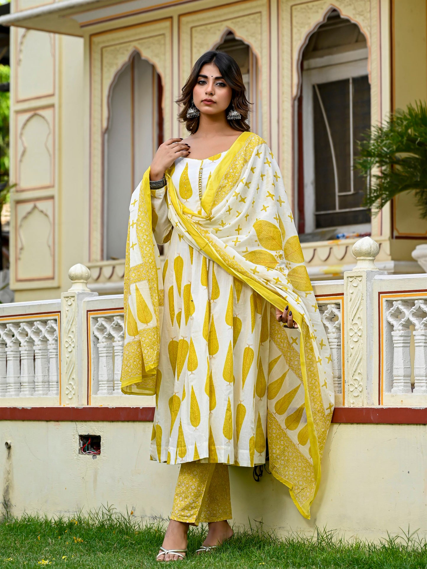 White and yellow leaf print anarkali suit set