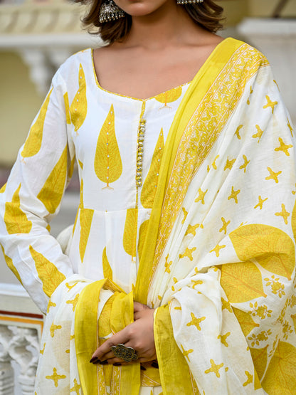 White and yellow leaf print anarkali suit set