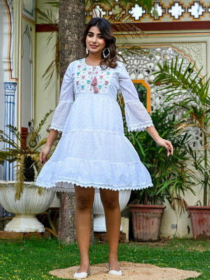 Embroidered white cotton fit and flare dress