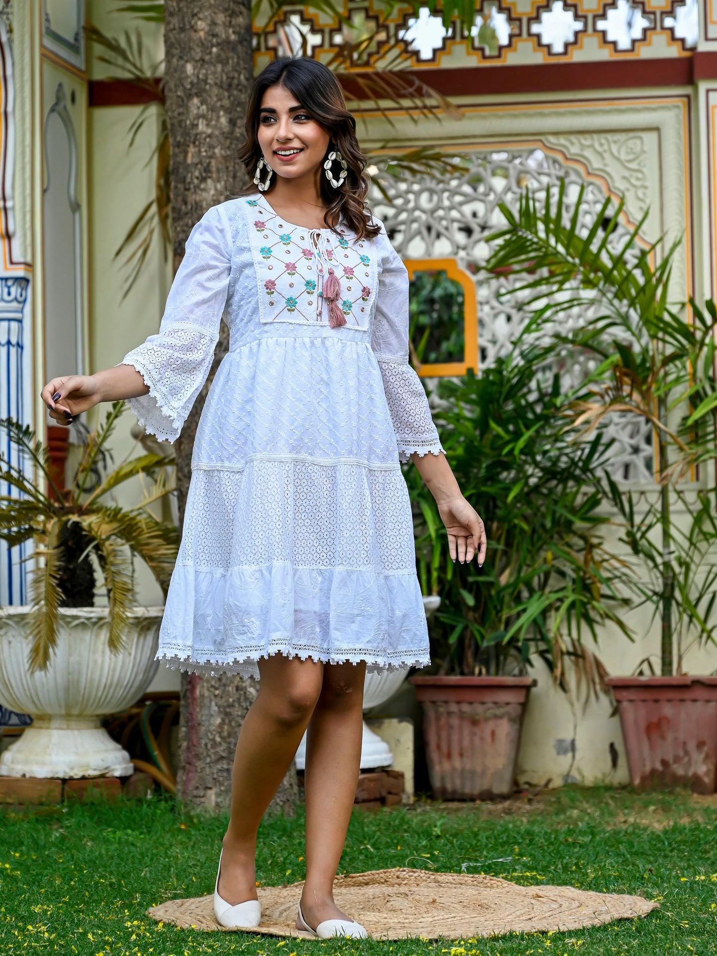 Embroidered white cotton fit and flare dress