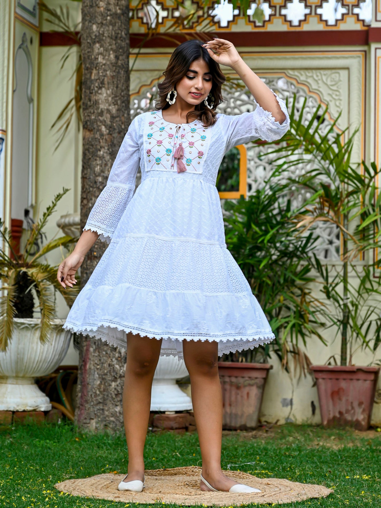 Embroidered white cotton fit and flare dress