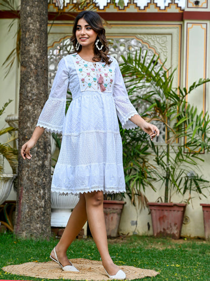 Embroidered white cotton fit and flare dress