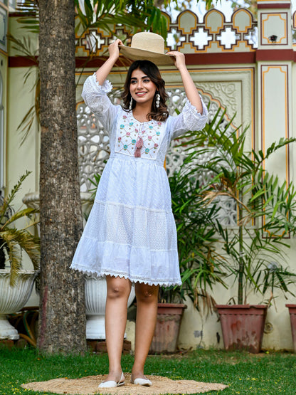 Embroidered white cotton fit and flare dress