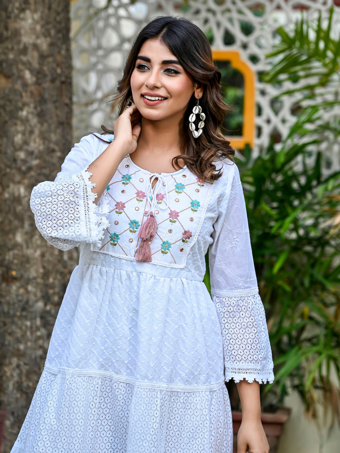 Embroidered white cotton fit and flare dress