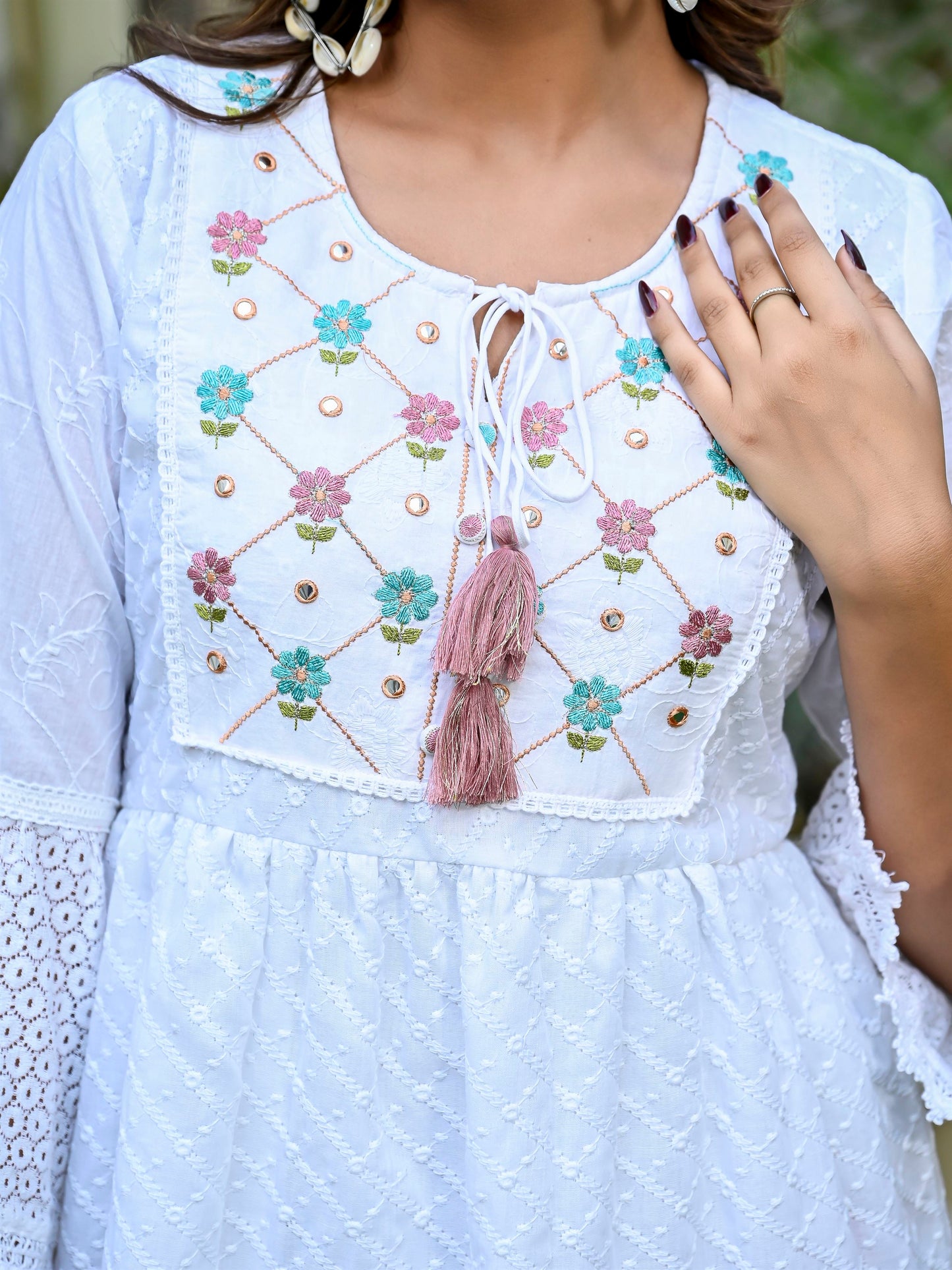 Embroidered white cotton fit and flare dress