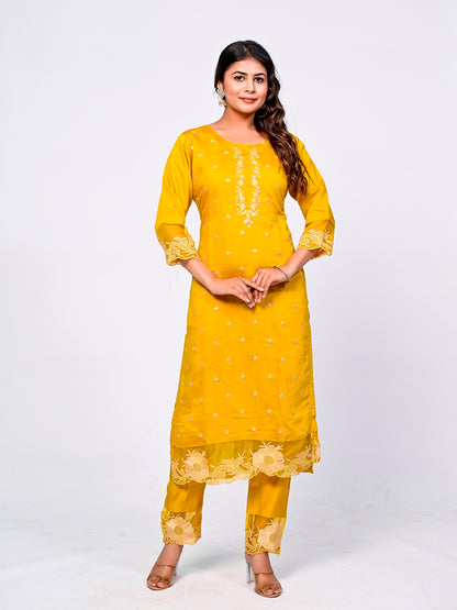 Yellow Embroidered Lace Suit Set