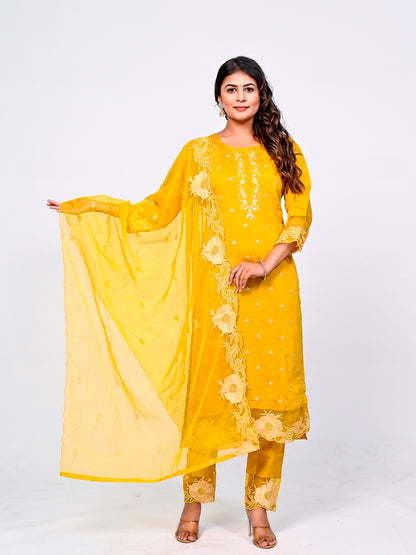 Yellow Embroidered Lace Suit Set