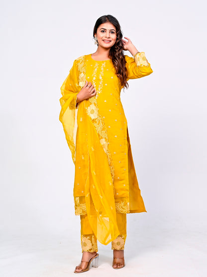 Yellow Embroidered Lace Suit Set