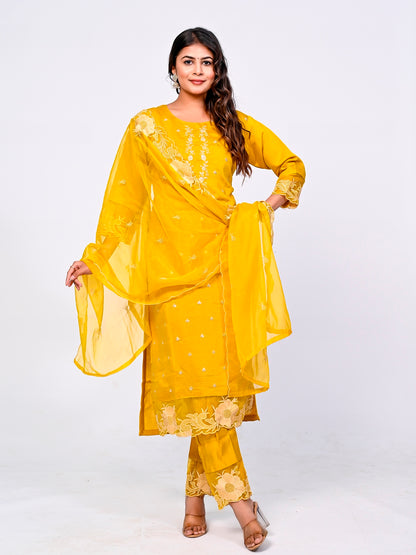 Yellow Embroidered Lace Suit Set