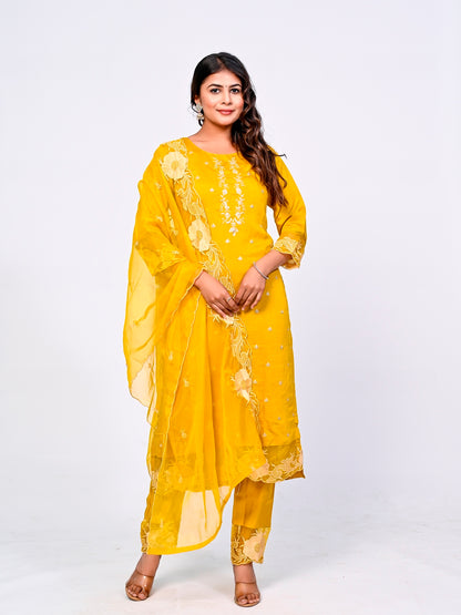 Yellow Embroidered Lace Suit Set