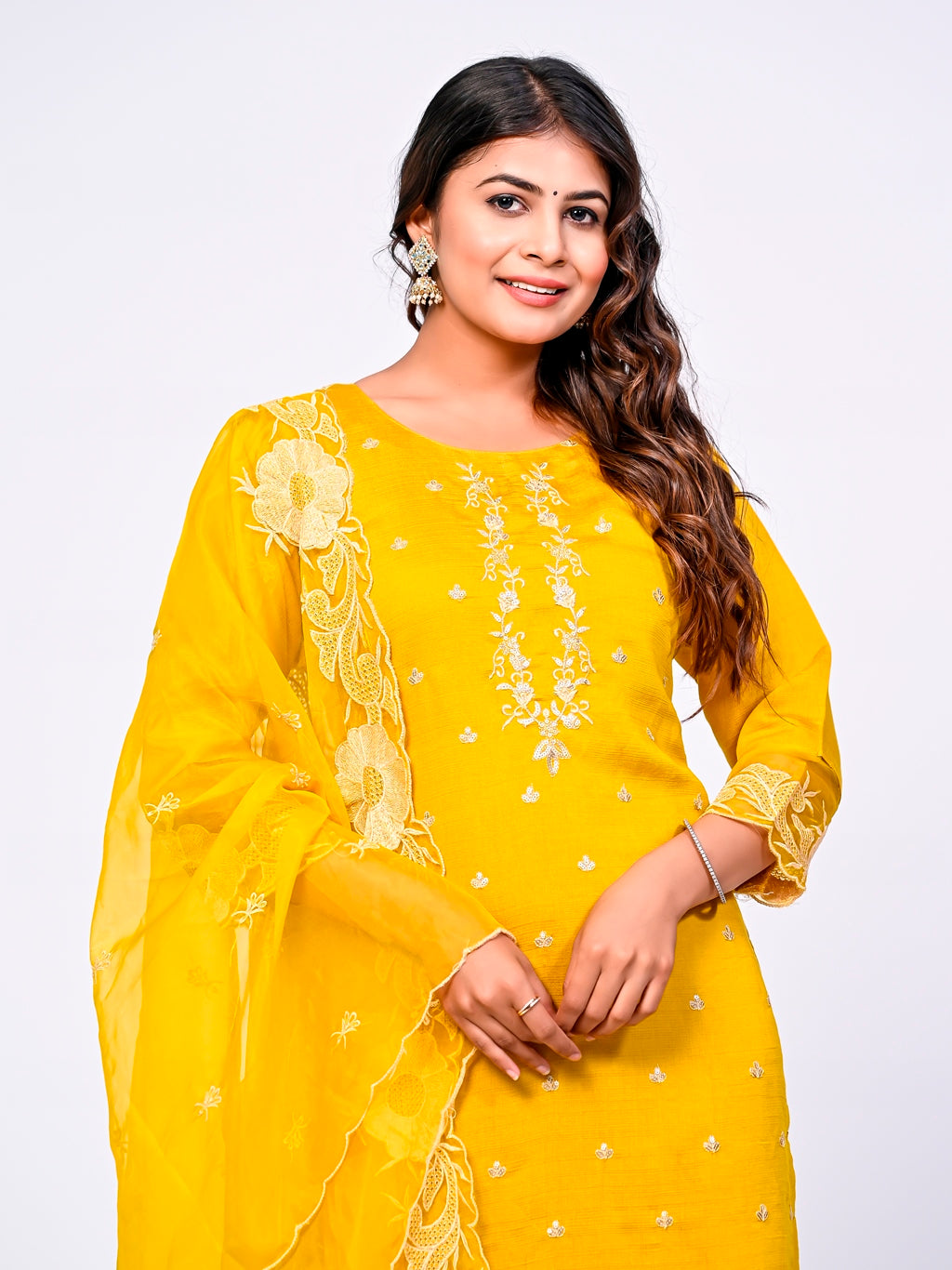 Yellow Embroidered Lace Suit Set