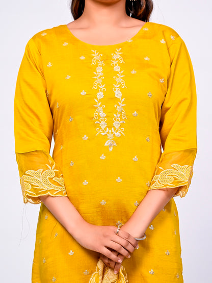 Yellow Embroidered Lace Suit Set