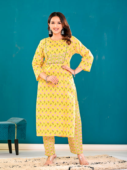 Yellow floral handblock suit set