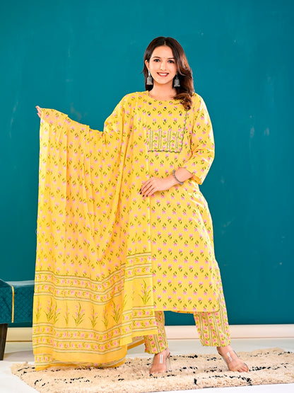 Yellow floral handblock suit set