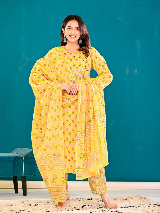 Yellow floral handblock suit set