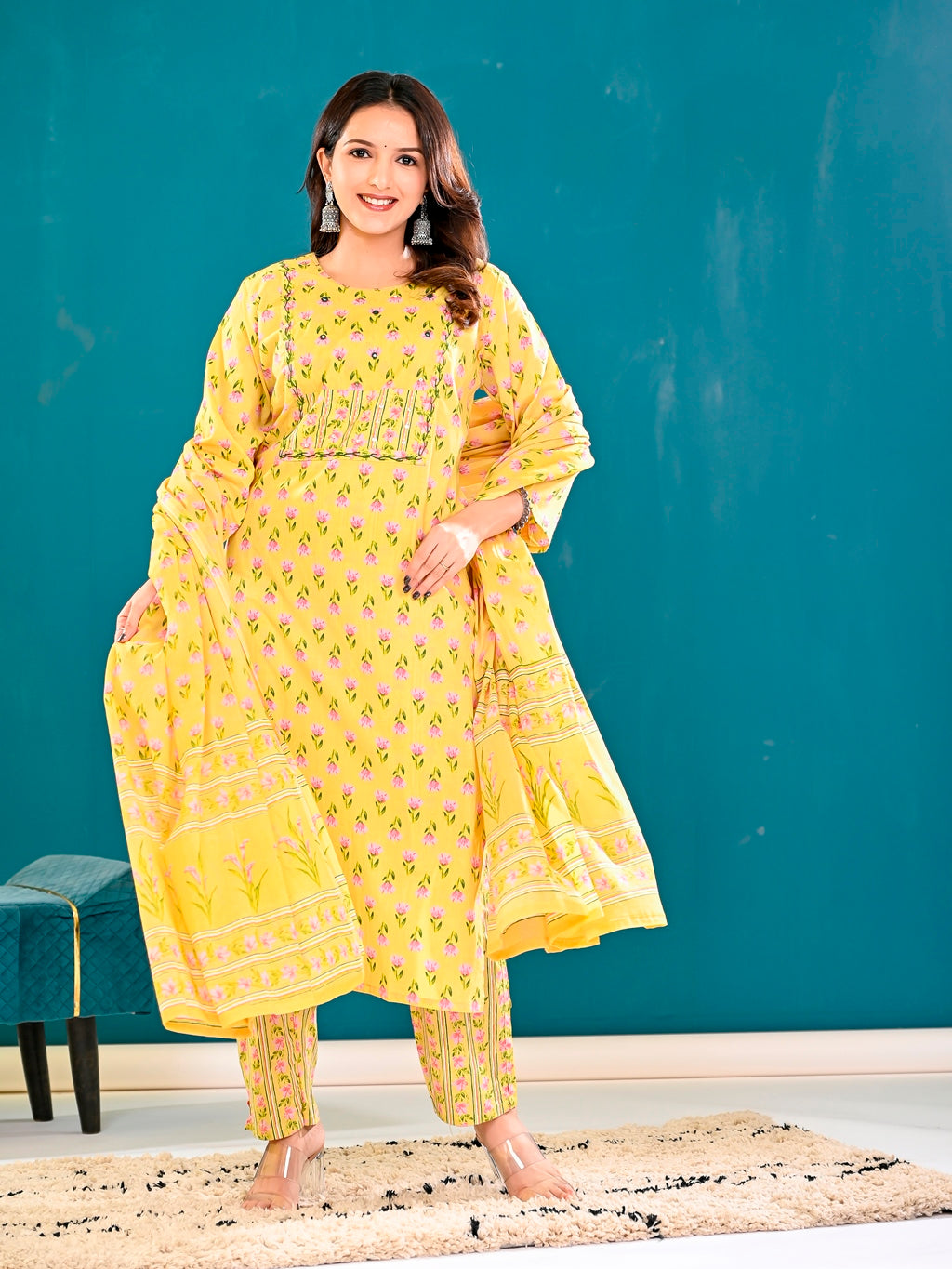 Yellow floral handblock suit set