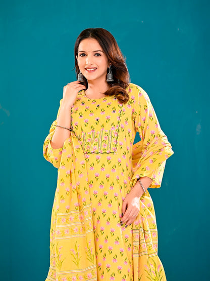 Yellow floral handblock suit set