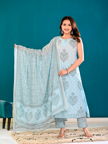 Powder blue embellished handblock suit set