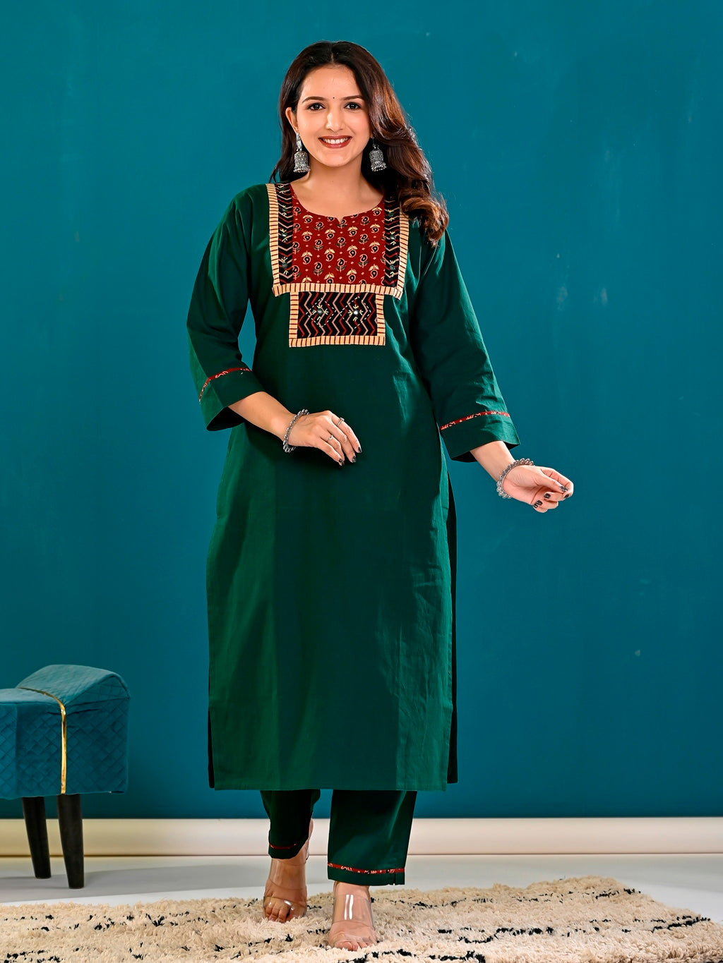 Bottle green bagru print suit set