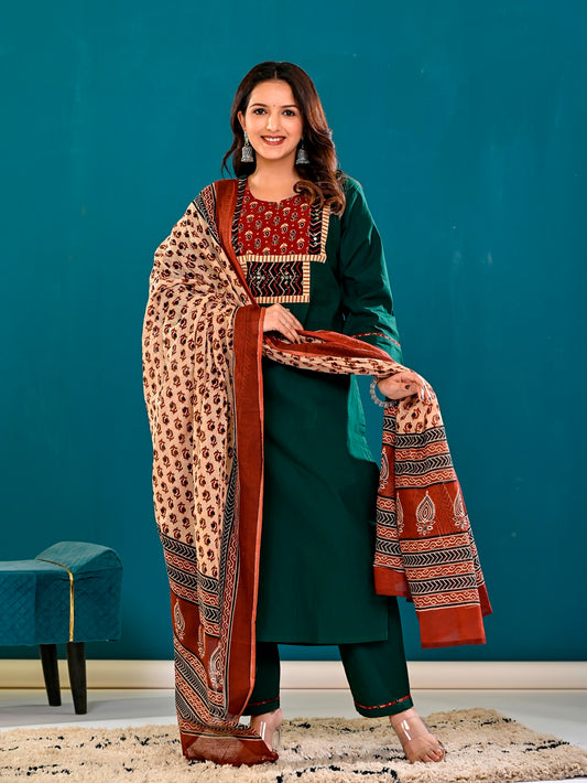 Bottle green bagru print suit set