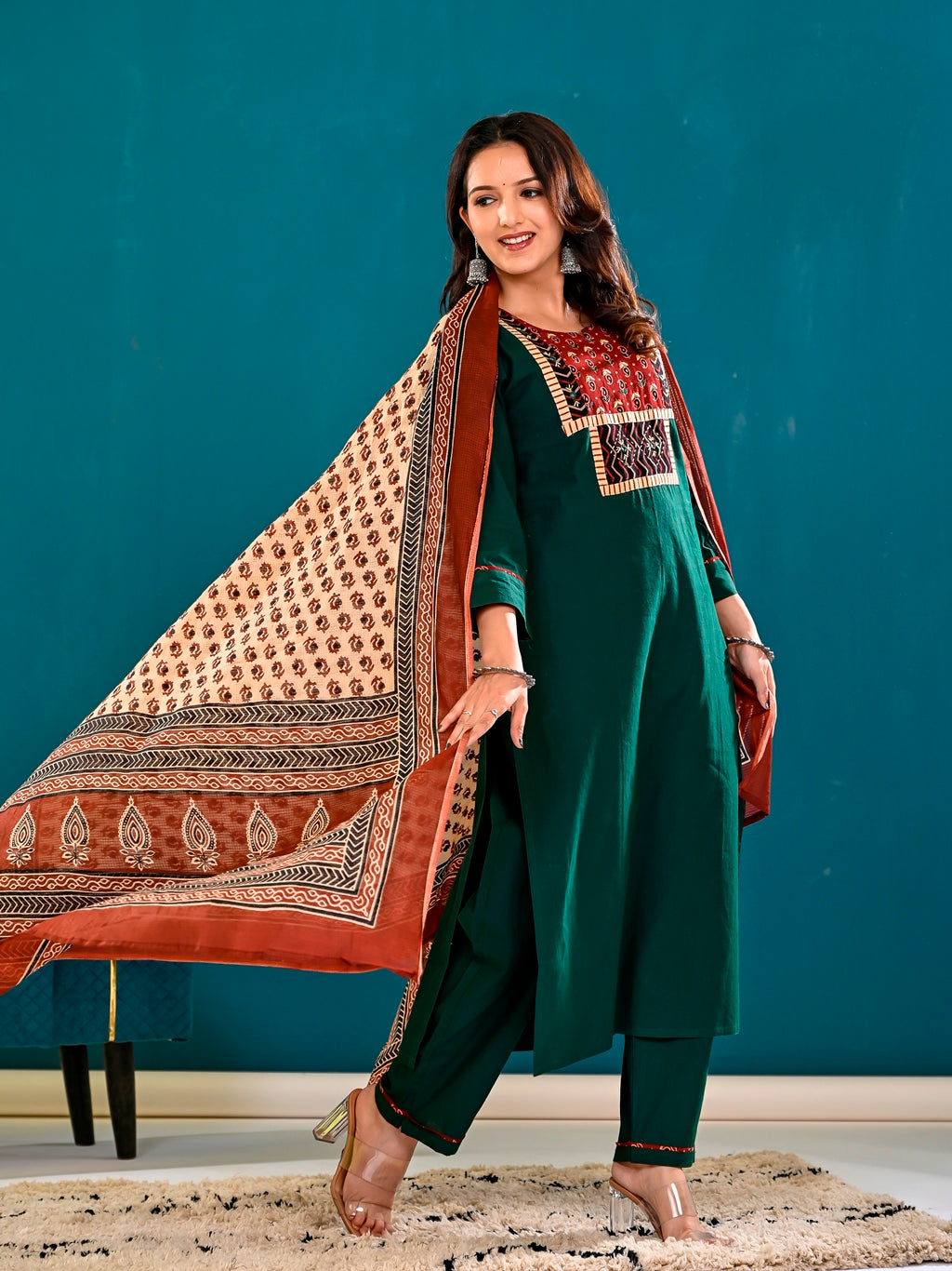 Bottle green bagru print suit set