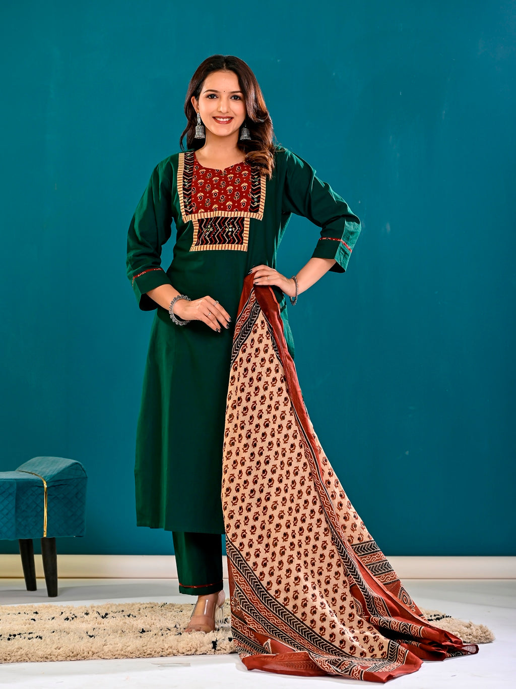 Bottle green bagru print suit set