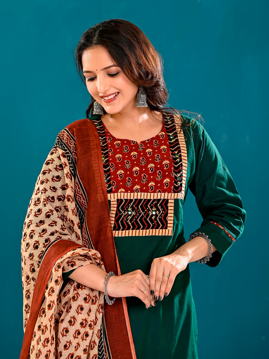 Bottle green bagru print suit set