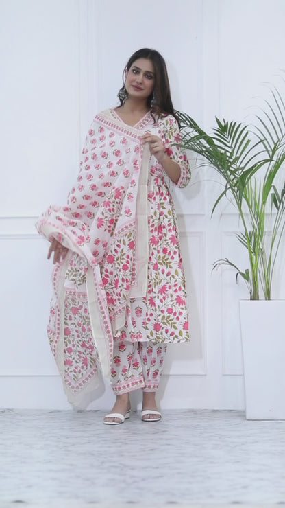 Pink and white floral handblock suit set